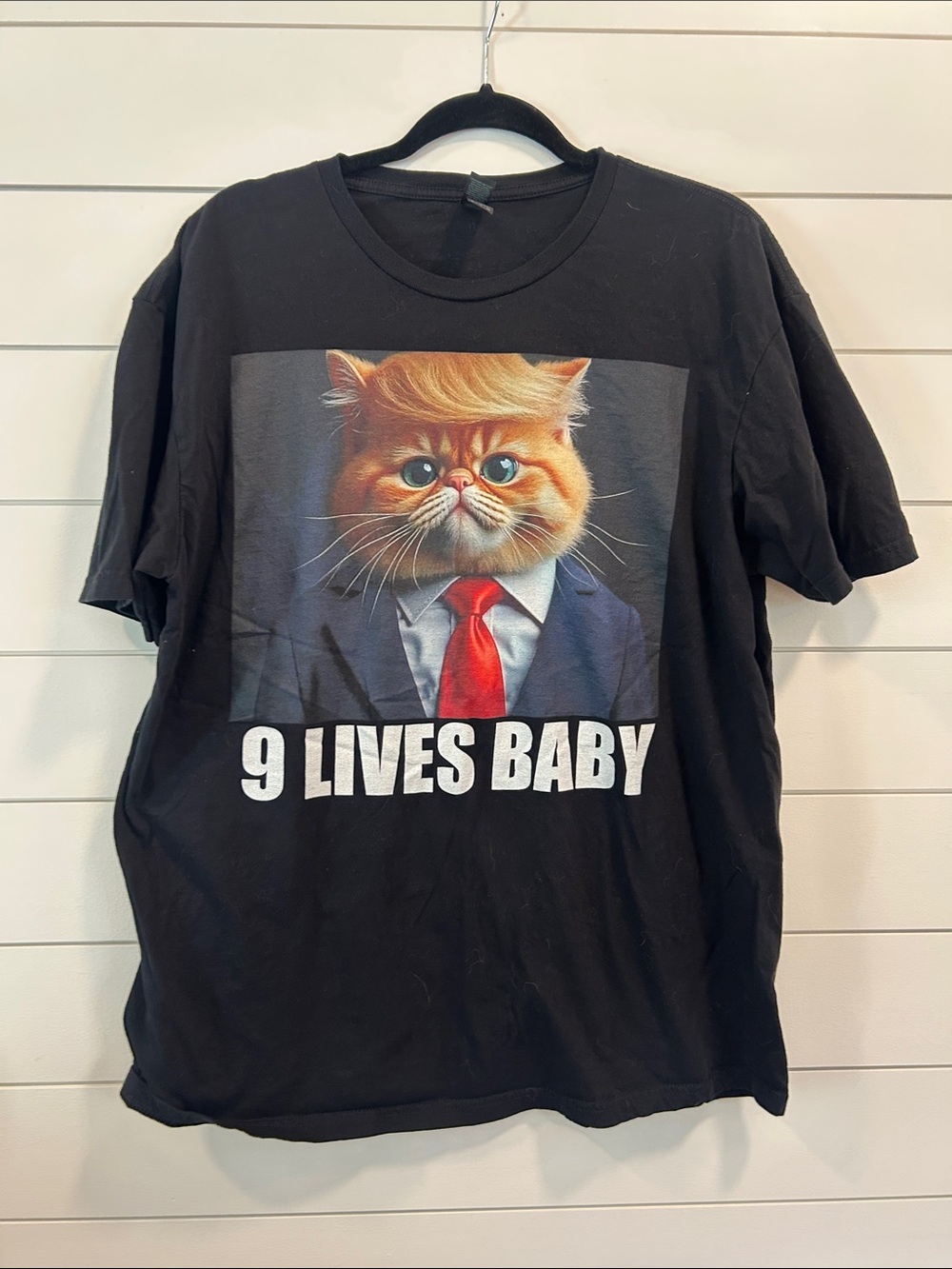 Gildan Black Tee with Orange Cat Graphic and Red Tie